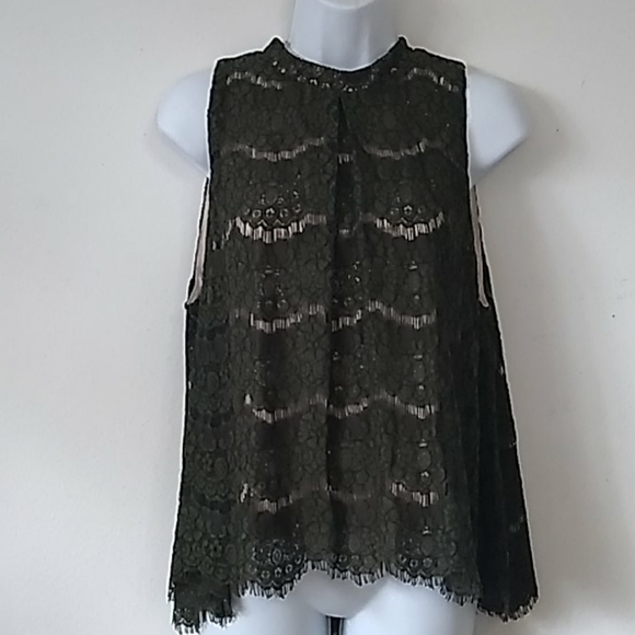 COPY - Love Fire Olive Green Lace hi low sleeveless top L - Picture 1 of 8